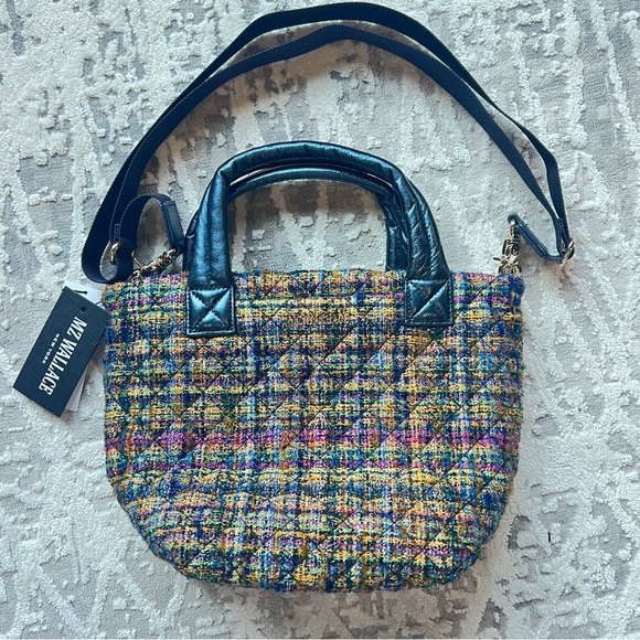 MZ WALLACE MINI METRO TOTE DELUXE Gold Multi Tweed with Metallic Blue Trim NWT - Picture 5 of 9